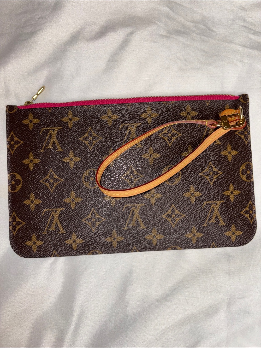 LV Neverfull Pochette Monogram w/ Pivoine Pink Interior Wristlet Clutch EUC - Picture 2 of 7